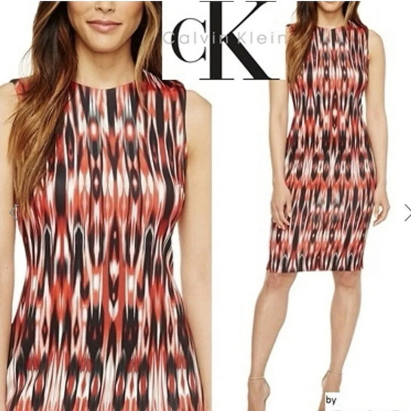 CALVIN KLEIN Red and black abstract print sleeveless sheath dress size 8 - Picture 1 of 14